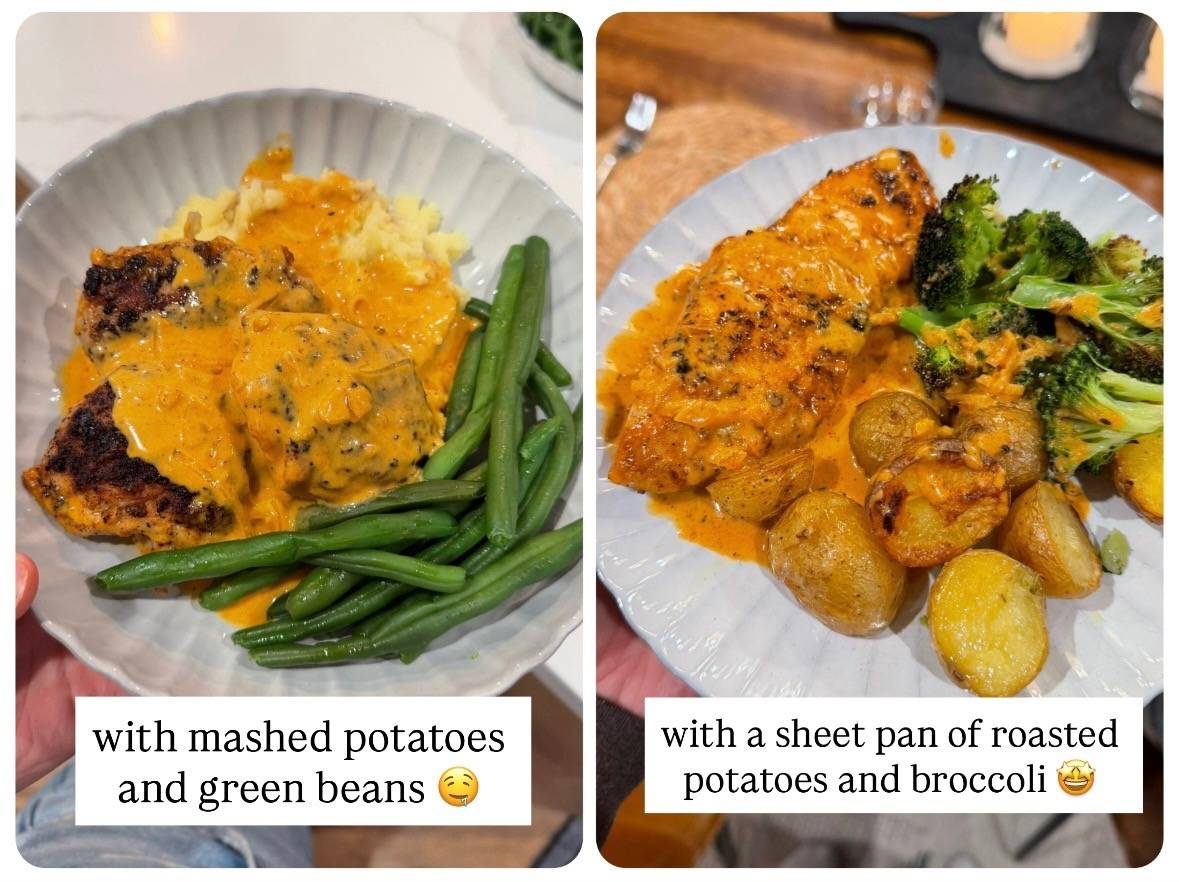 Cajun chicken on a plate with two types of potatoes.