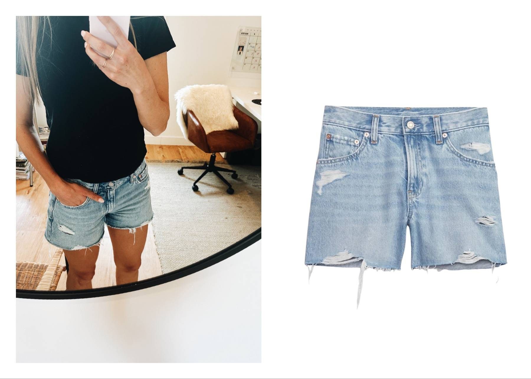 Woman taking a selfie in the mirror and wearing a black shirt and blue shorts next to a stock photo of blue denim shorts.