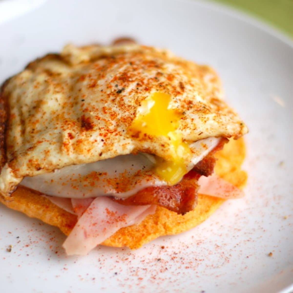 Spicy corn cake breakfast stack.