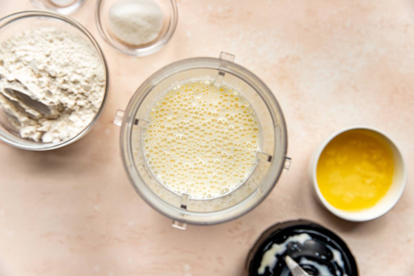 Ingredients in bowls for Swedish Pancakes.