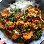 Thai shrimp curry in a bowl.