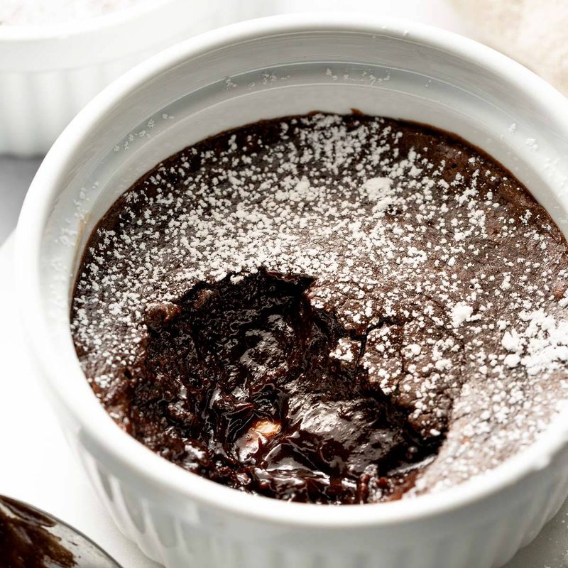 Brownie pudding in a ramekin.