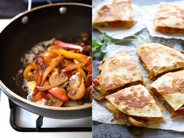 Peppers and mushrooms in a pan and quesadillas sliced into four pieces.