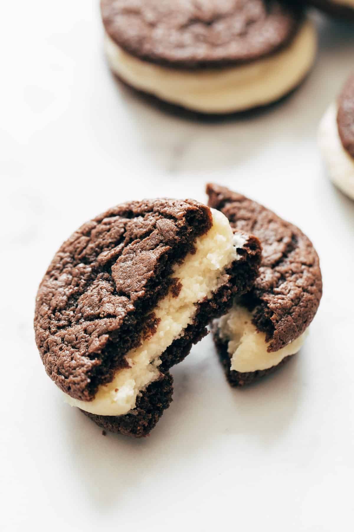 Homemade oreo cut in half.